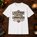 Legendary Coffee Connoisseur T-Shirt in White, coffee bar flat lay mockup