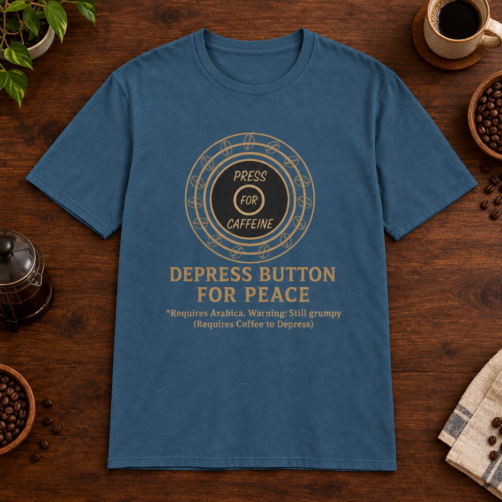 Press for Caffeine T-Shirt Indigo Blue coffee-bar flat lay