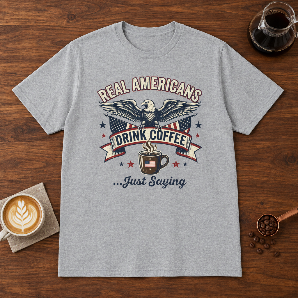 Real Americans T-Shirt Sport Grey coffee bar mockup