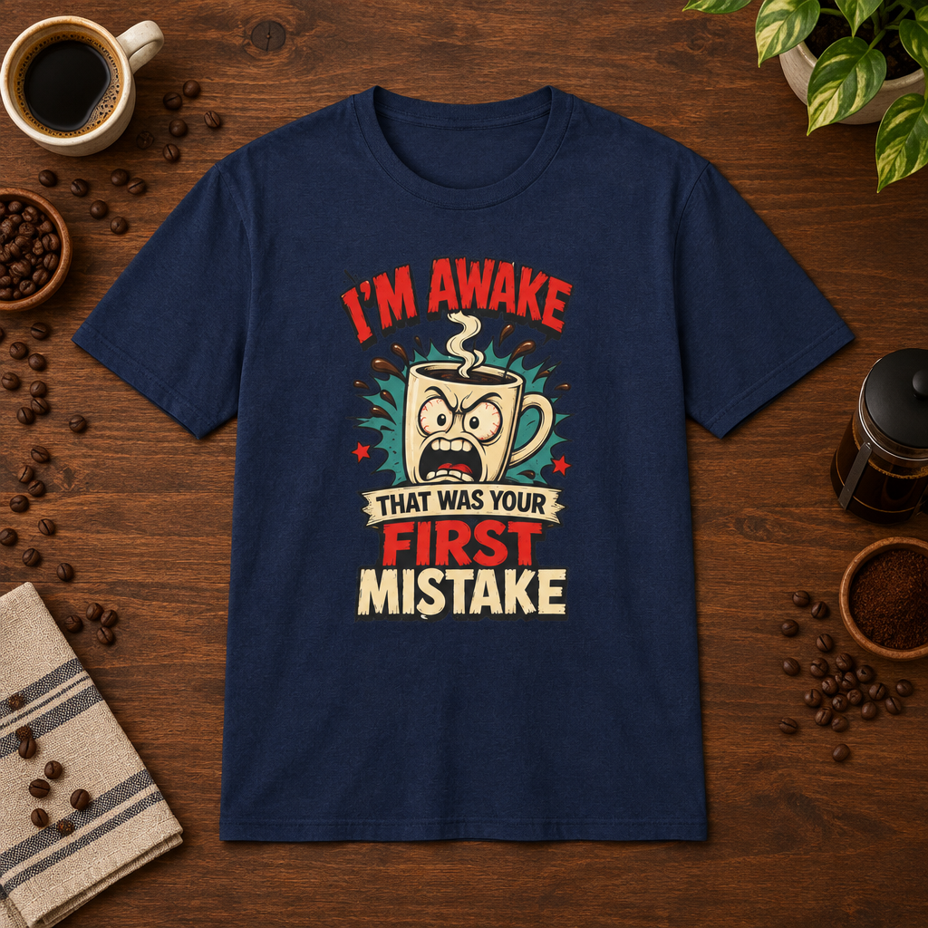 I'm Awake T-Shirt Navy short-sleeve coffee-bar flat lay