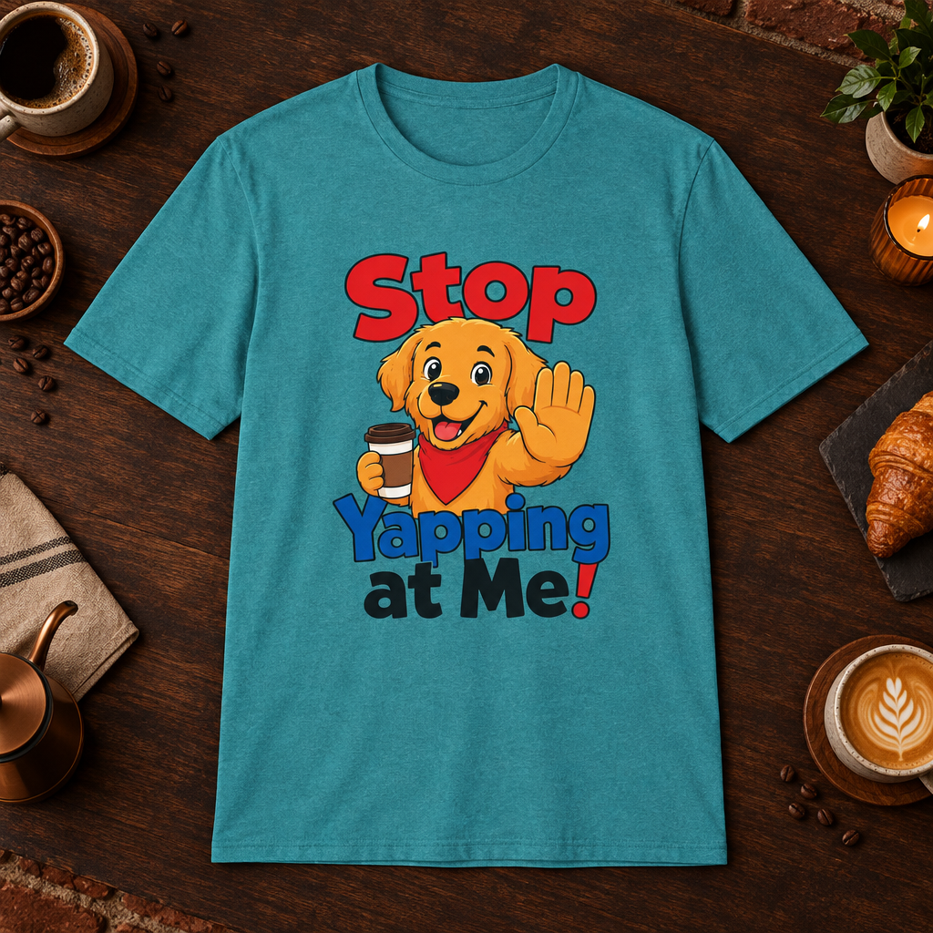 Stop Yapping at Me T-Shirt in Heather Galapagos Blue, coffee bar flat lay mockup