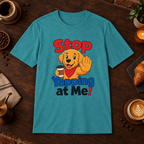 Stop Yapping at Me T-Shirt in Heather Galapagos Blue, coffee bar flat lay mockup