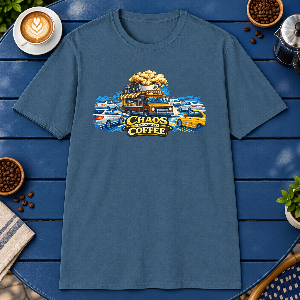 Chaos Managed by Coffee 2 T-Shirt in Light Blue, zoomed lifestyle mockup