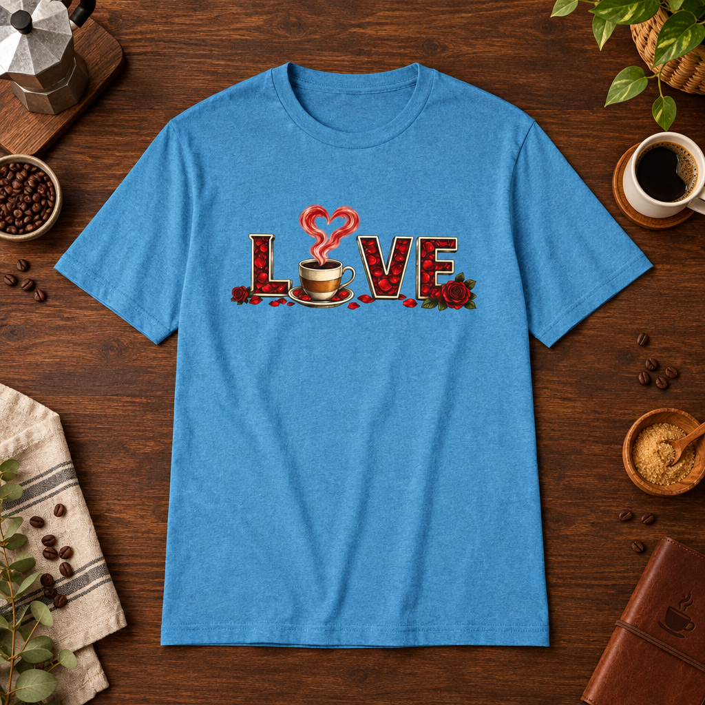 Love T-Shirt Heather Sapphire coffee-bar flat lay