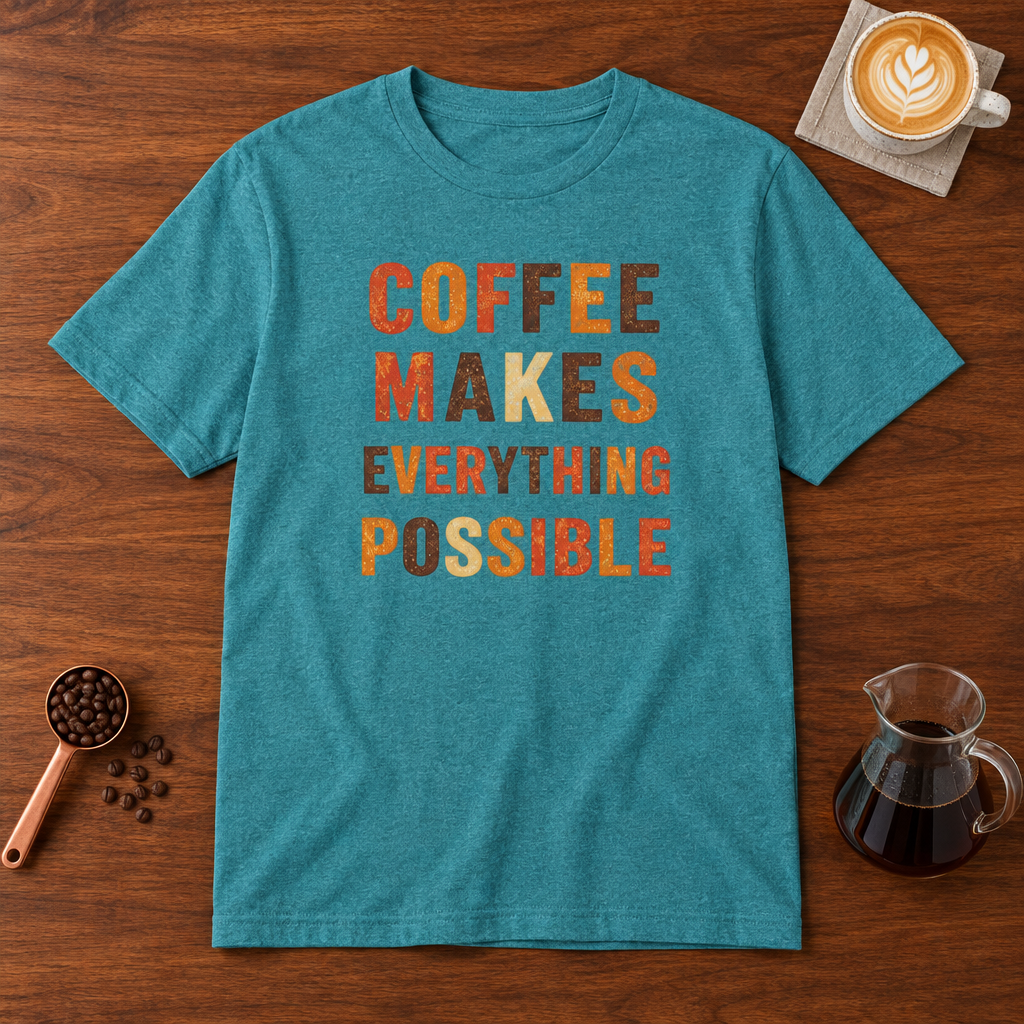 Coffee Makes Everything Possible text print T-Shirt Heather Galapagos Blue flat lay on walnut coffee bar