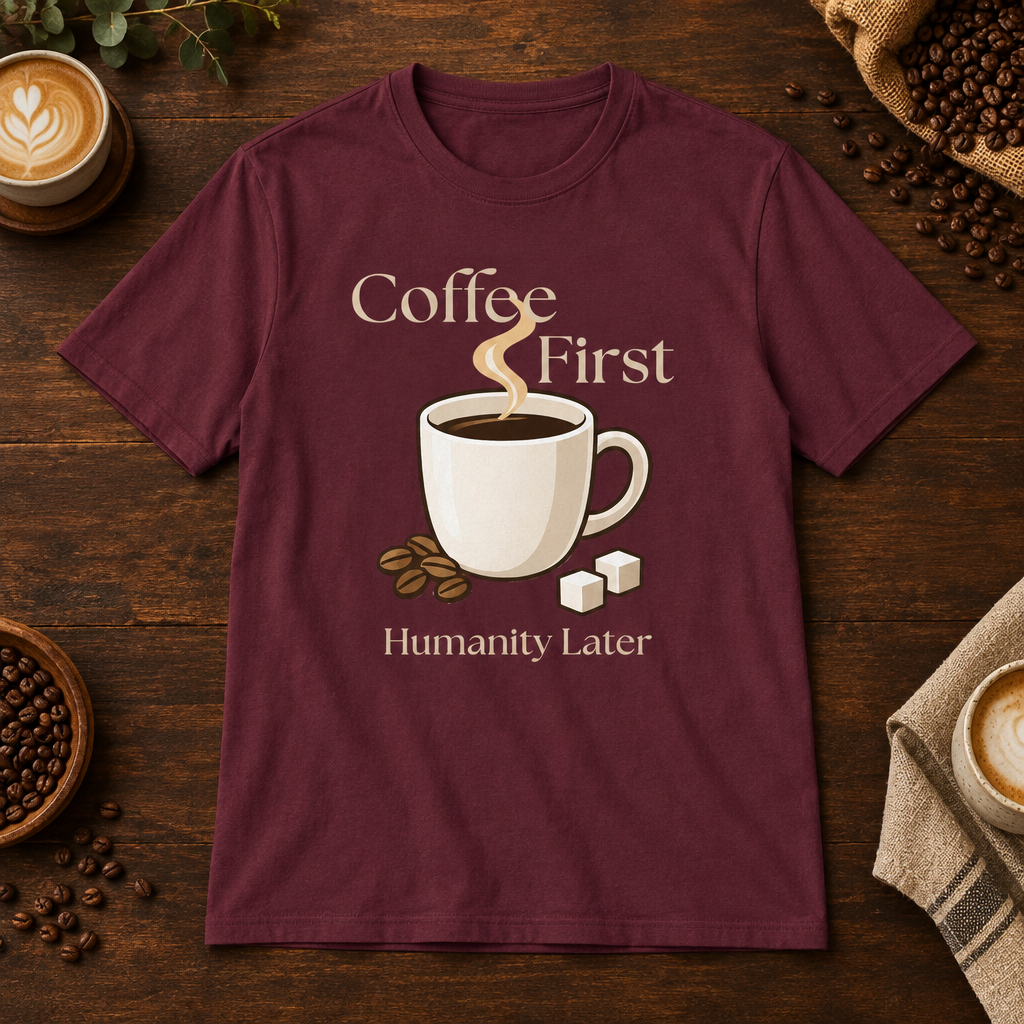 Coffee First T-Shirt Maroon on warm coffee bar