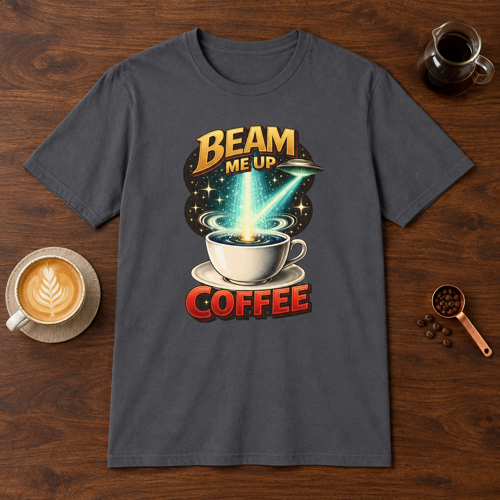 Beam Me Up Coffee T-Shirt Charcoal coffee bar mockup