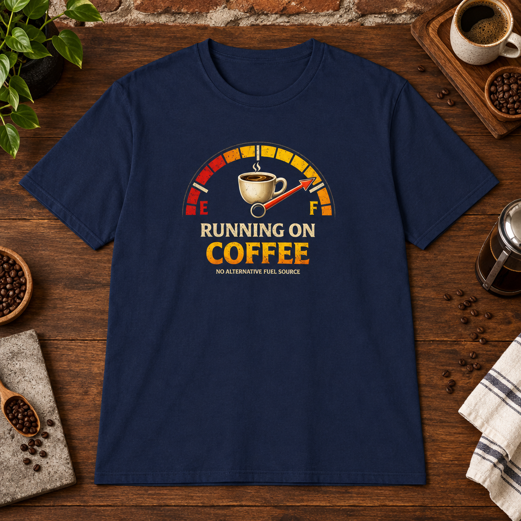 Running on Coffee T-Shirt Navy close-fill short-sleeve coffee-bar flat lay