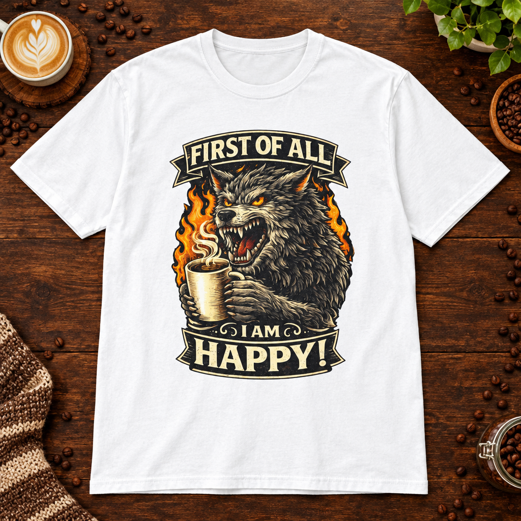 I Am Happy T-Shirt White on warm coffee bar