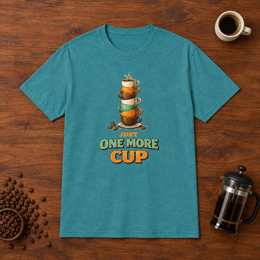 Just One More Cup T-Shirt Heather Galapagos Blue coffee-bar flat lay