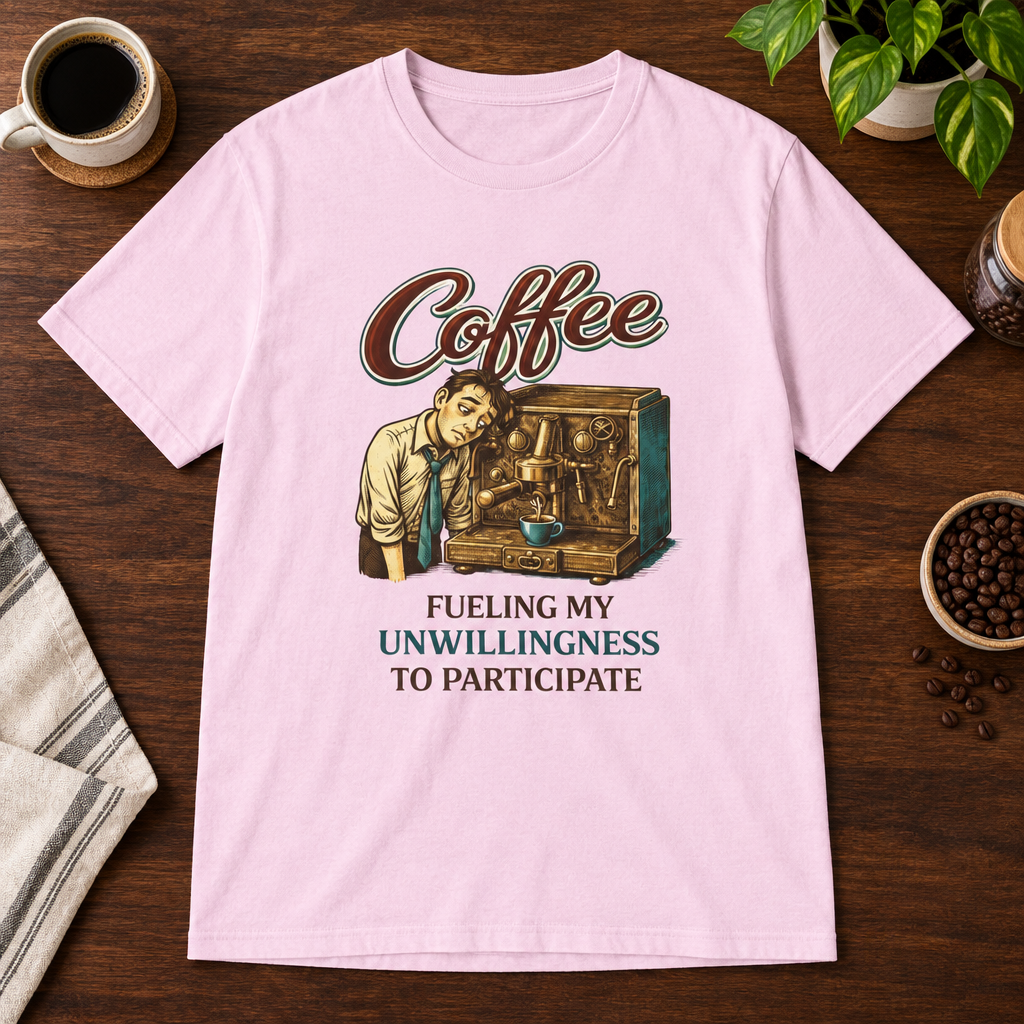 Fueling My Unwillingness T-Shirt Light Pink short-sleeve coffee-bar flat lay