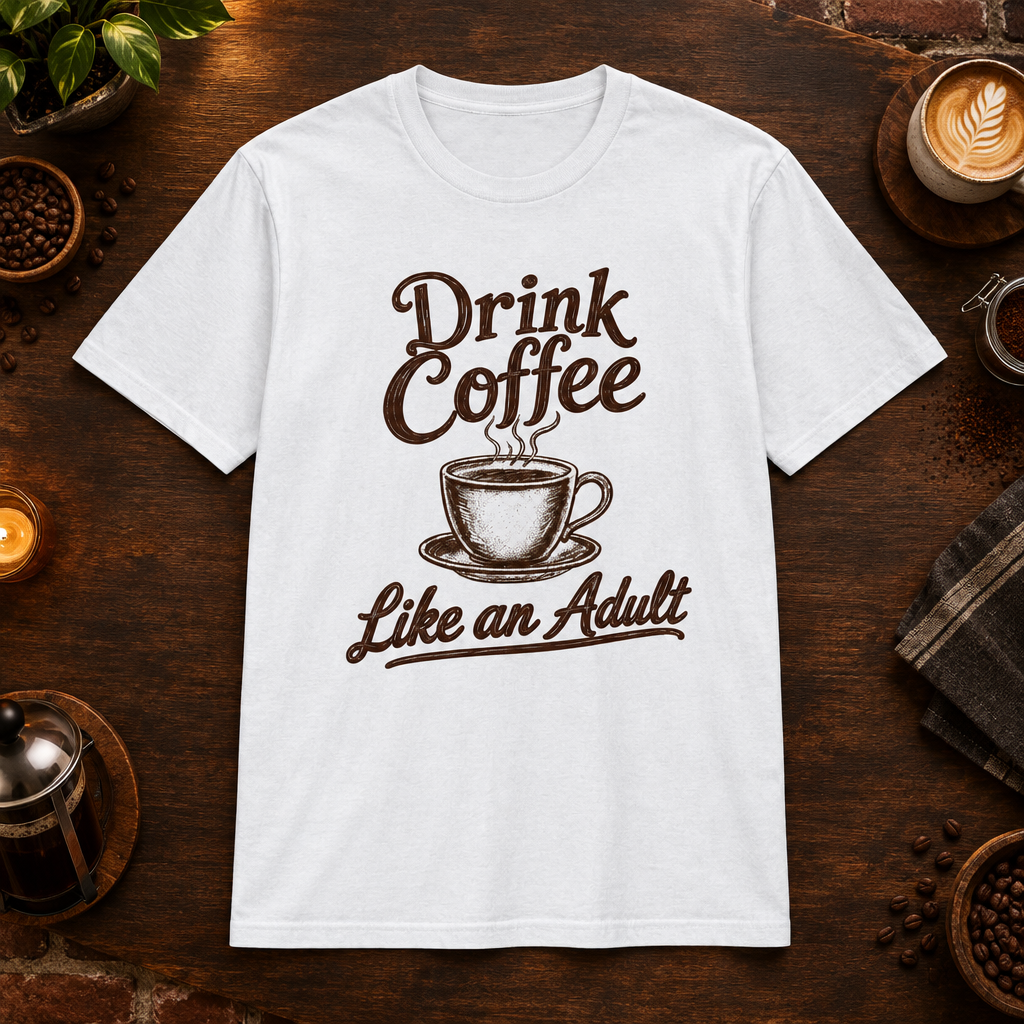 Drink Coffee Like an Adult T-Shirt in White, coffee bar flat lay mockup