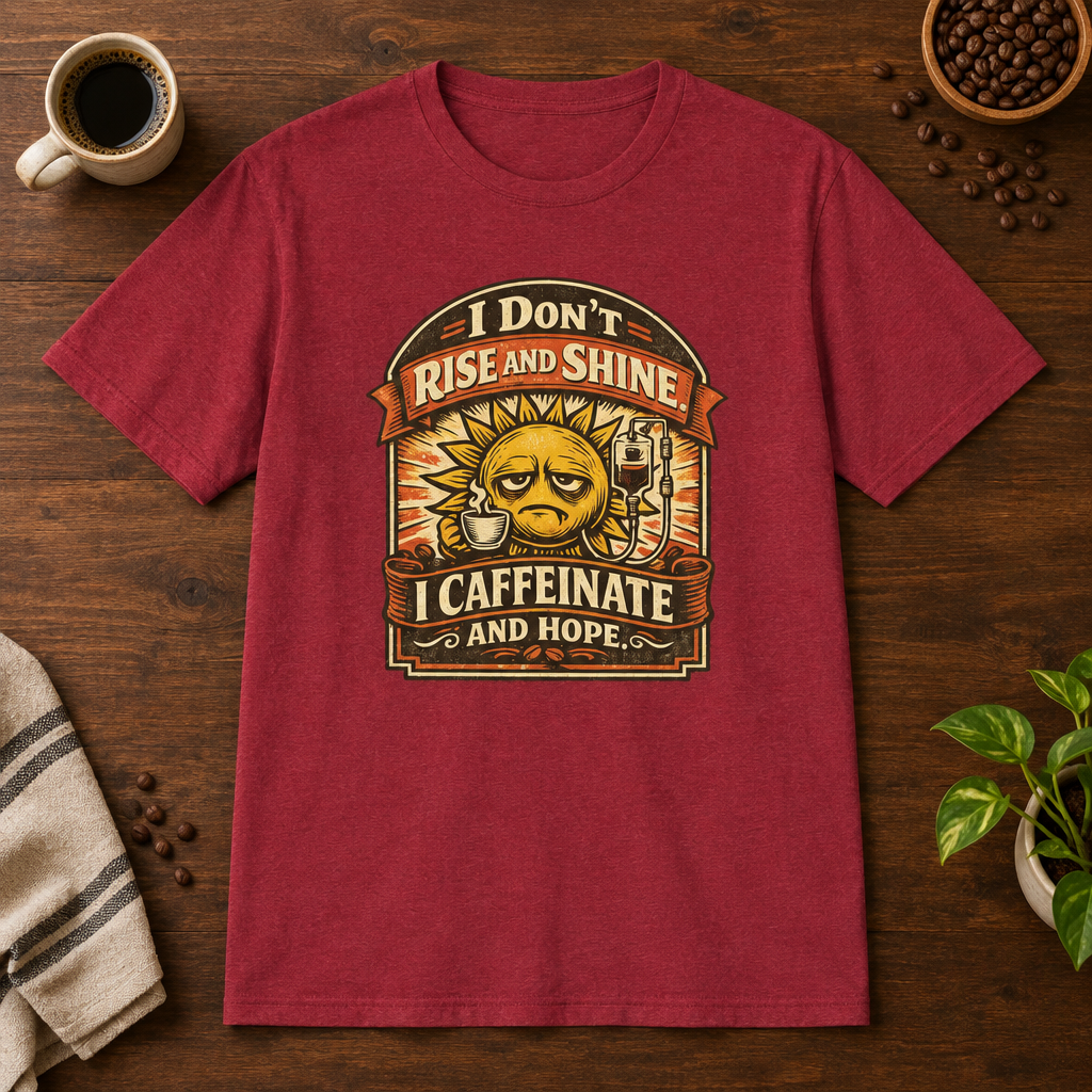 I Don't Rise and Shine T-Shirt Antique Cherry Red short-sleeve coffee-bar flat lay