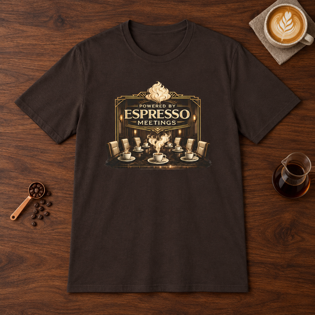 Powered by Espresso Meetings T-Shirt Dark Chocolate coffee bar mockup