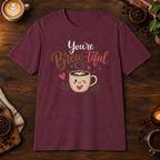 You’re Brew-tiful T-Shirt in Maroon, overhead coffee-bar flat-lay mockup