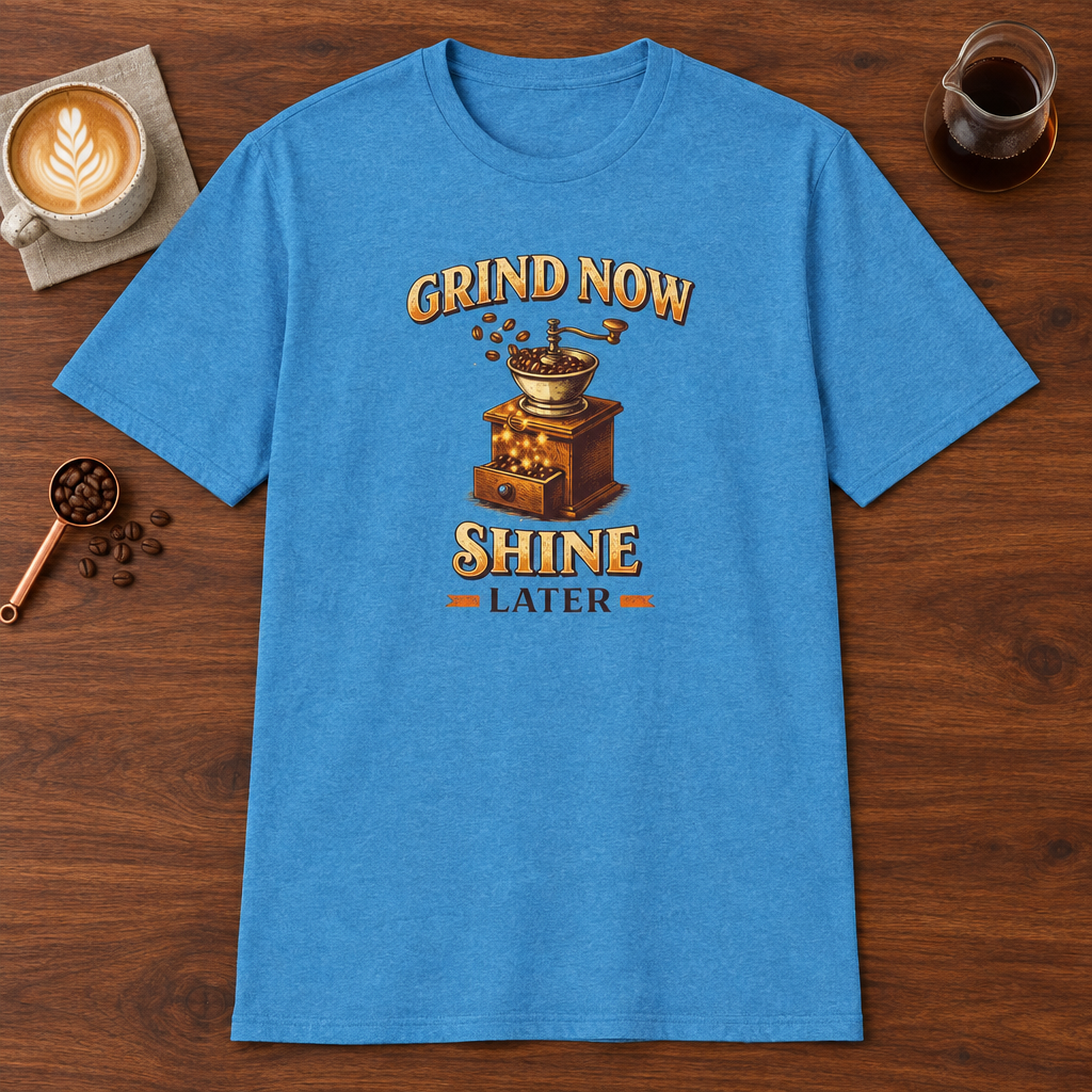 Grind Now Shine Later T-Shirt Heather Sapphire coffee bar mockup