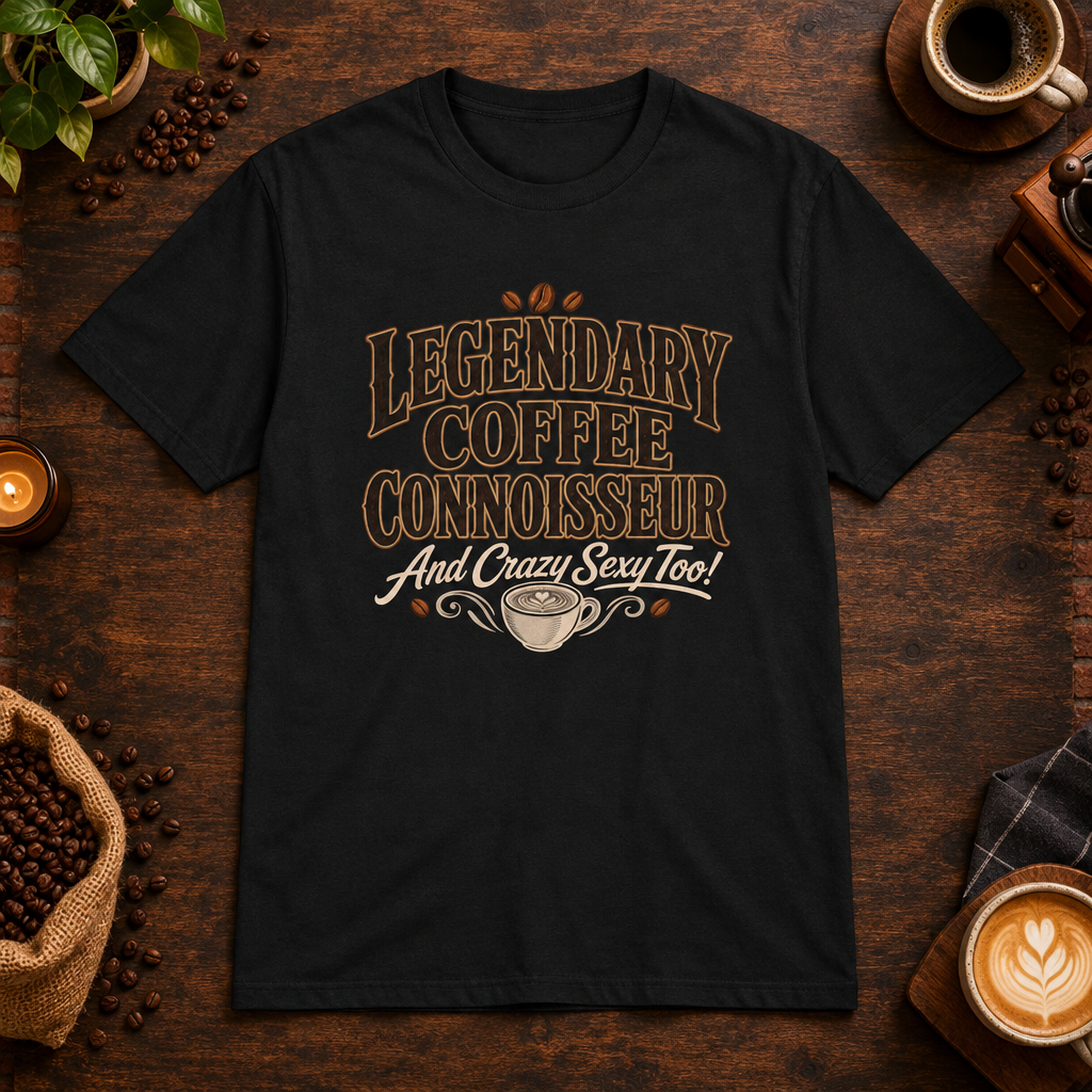 Legendary Coffee Connoisseur T-Shirt in Black, coffee bar flat lay mockup