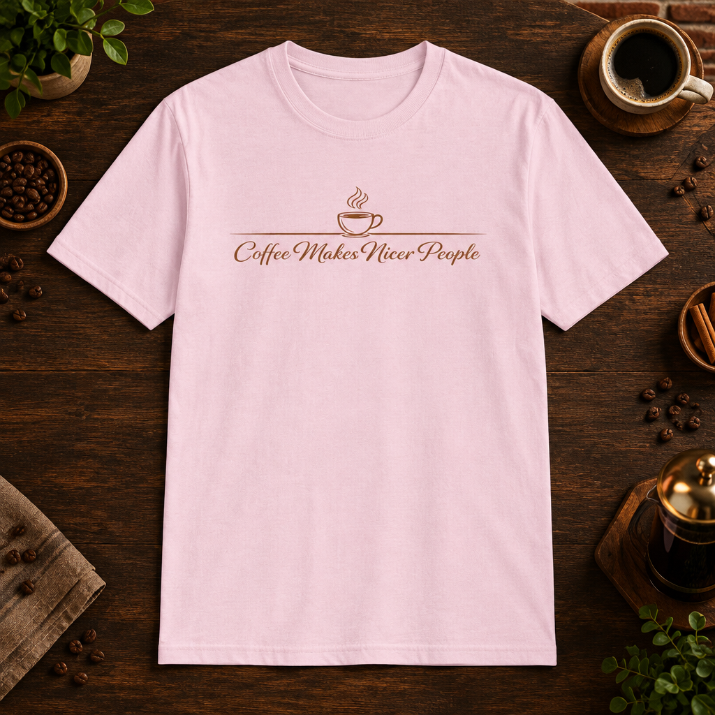 Nicer People T-Shirt in Light Pink, coffee bar flat lay mockup