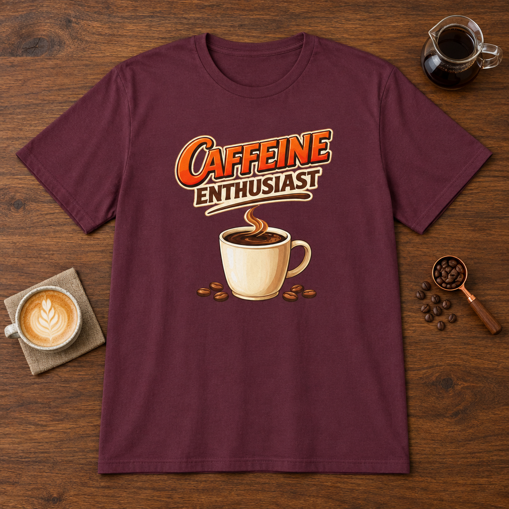 Caffeine Enthusiast - Cup T-Shirt Maroon coffee bar mockup