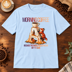 Morning Coffee T-Shirt Light Blue on warm coffee bar