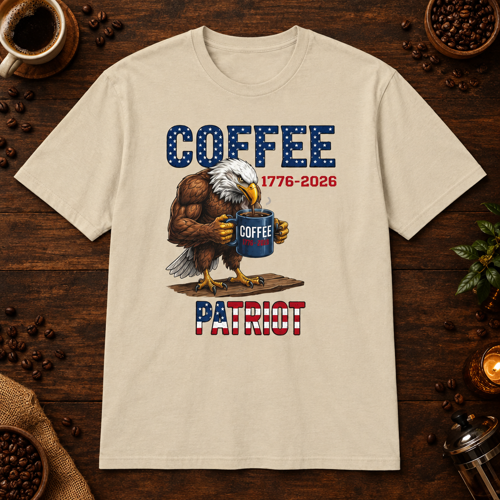 Coffee Patriot T-Shirt in Sand, overhead coffee-bar flat-lay mockup