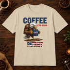 Coffee Patriot T-Shirt in Sand, overhead coffee-bar flat-lay mockup