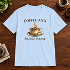 Coffee and Silence Please T-Shirt Light Blue coffee-bar flat lay