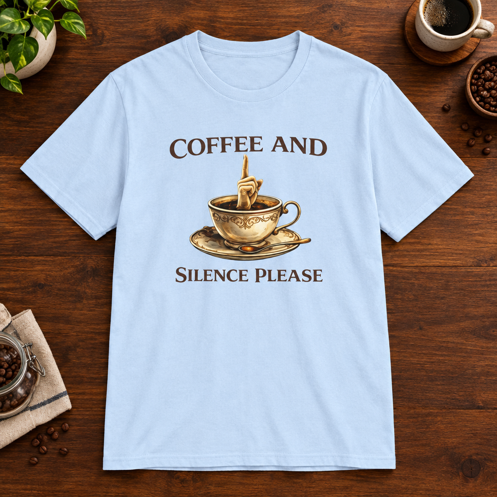 Coffee and Silence Please T-Shirt Light Blue coffee-bar flat lay
