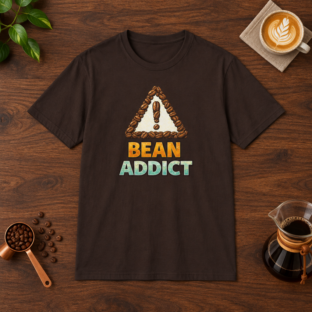 Bean Addict T-Shirt Dark Chocolate flat lay on walnut coffee bar