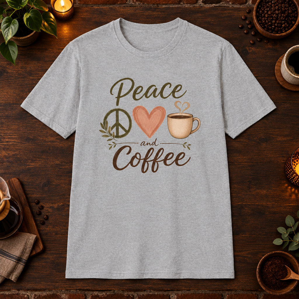 Peace, Love and Coffee T-Shirt in Sport Grey, coffee bar flat lay mockup