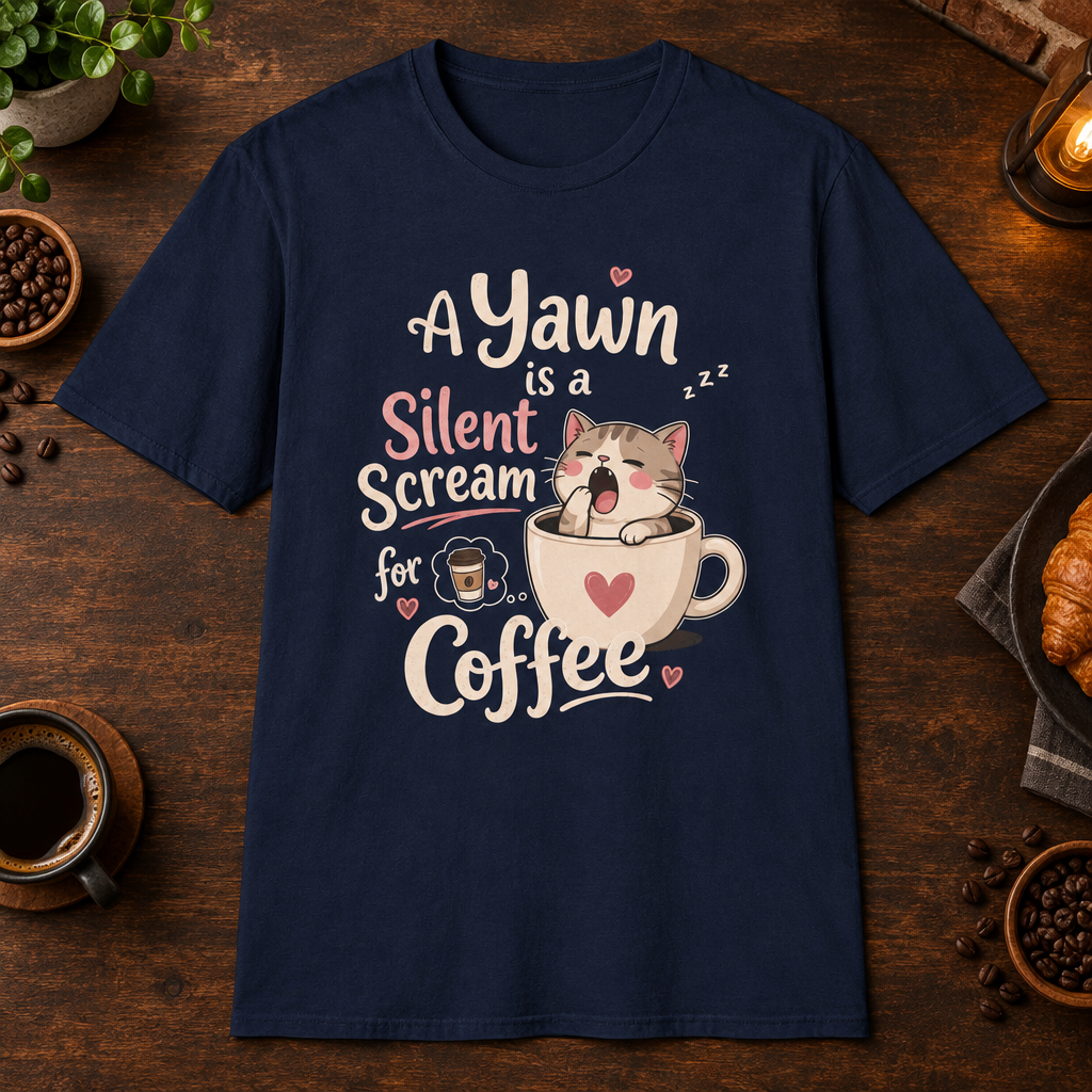 A Kitten’s Yawn T-Shirt in Navy, overhead coffee-bar flat-lay mockup