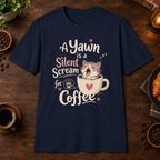 A Kitten’s Yawn T-Shirt in Navy, overhead coffee-bar flat-lay mockup