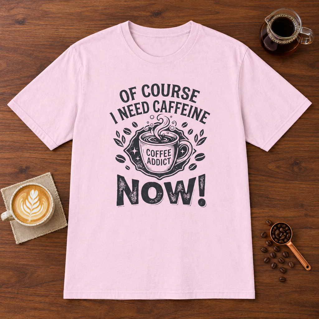 Of Course I Need Caffeine T-Shirt Light Pink coffee bar mockup