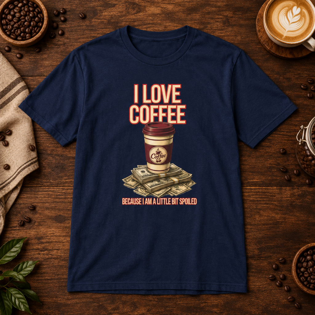 I Love Coffee T-Shirt Navy on warm coffee bar