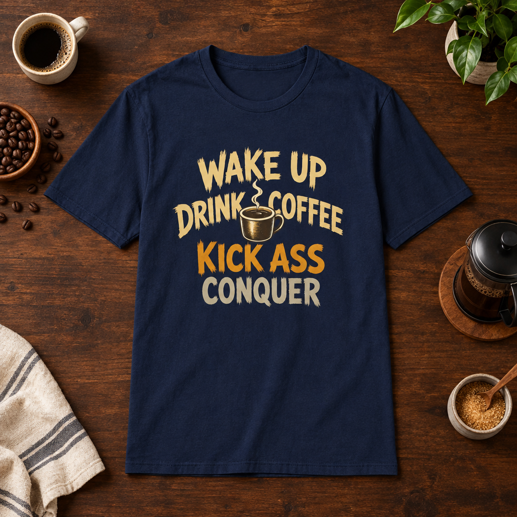 Wake Up T-Shirt Navy coffee-bar flat lay