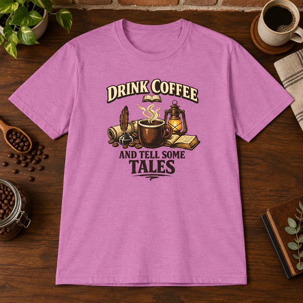 Tell Tales T-Shirt Heather Radiant Orchid close-fill short-sleeve coffee-bar flat lay