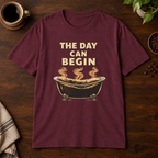 The Day Can Begin T-Shirt Maroon coffee-bar flat lay