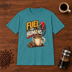 Fuel For Humans T-Shirt Heather Galapagos Blue coffee-bar flat lay