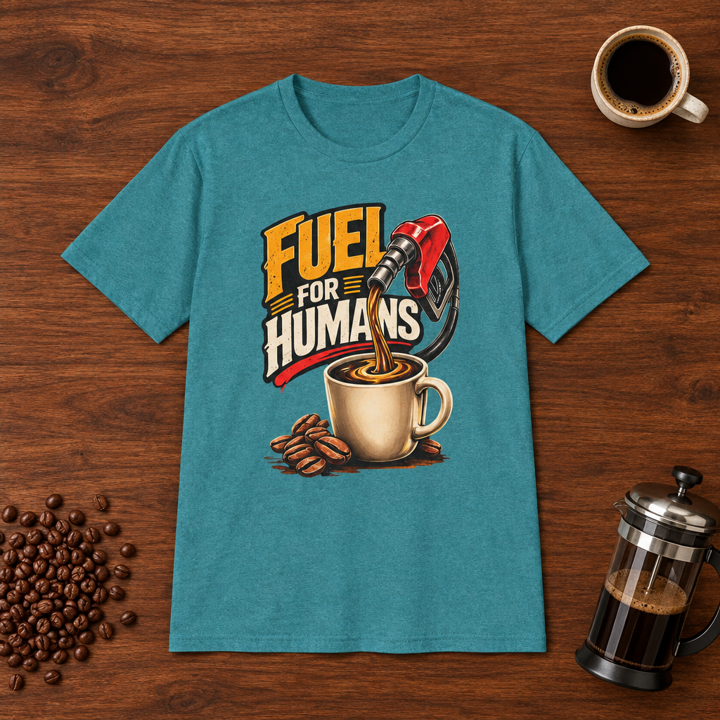 Fuel For Humans T-Shirt Heather Galapagos Blue coffee-bar flat lay