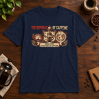 Republic of Caffeine T-Shirt Navy short-sleeve coffee-bar flat lay