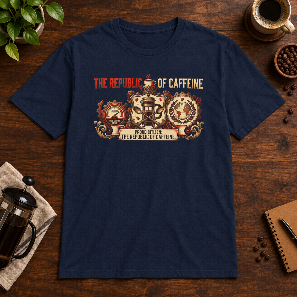Republic of Caffeine T-Shirt Navy short-sleeve coffee-bar flat lay