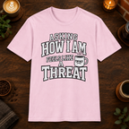 Asking How I Am T-Shirt in Light Pink, overhead coffee-bar flat-lay mockup