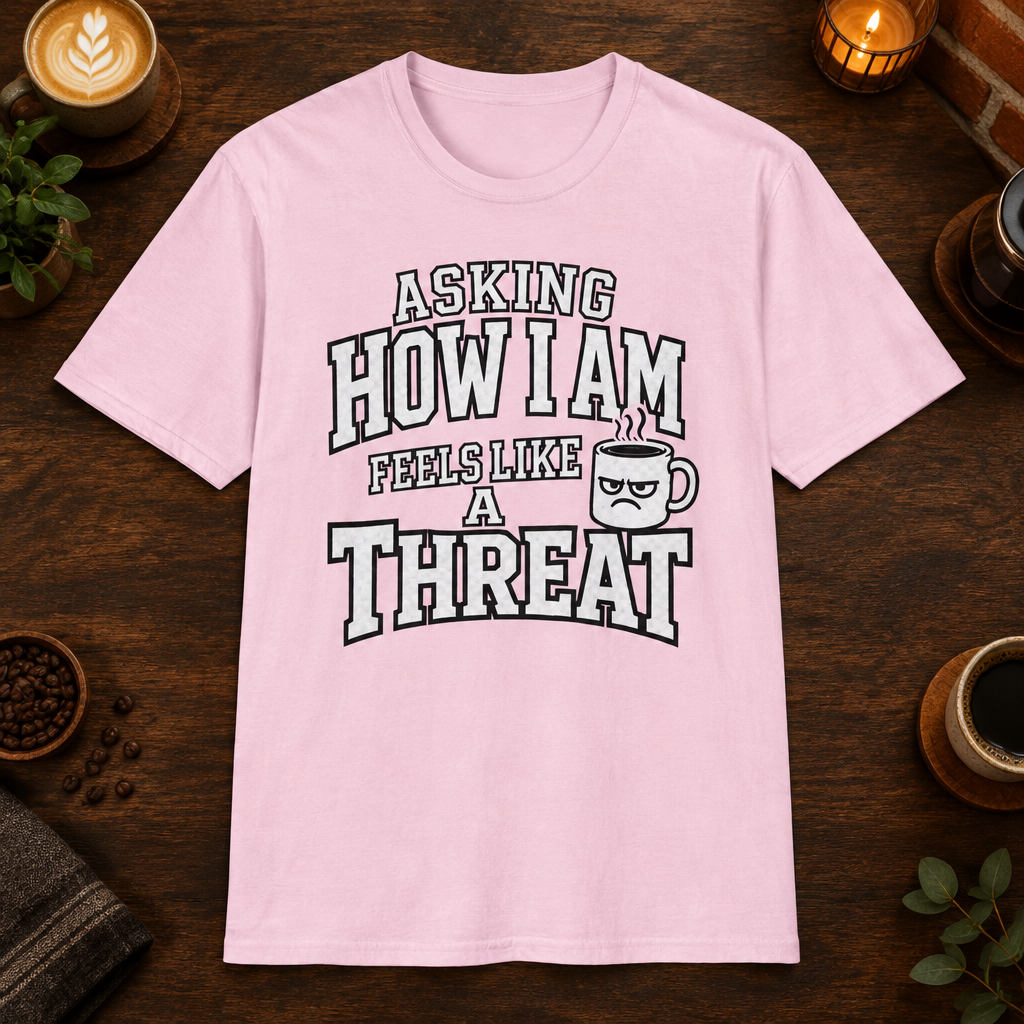 Asking How I Am T-Shirt in Light Pink, overhead coffee-bar flat-lay mockup