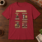 Levels of Coffee Addiction T-Shirt Antique Cherry Red close-fill short-sleeve coffee-bar flat lay