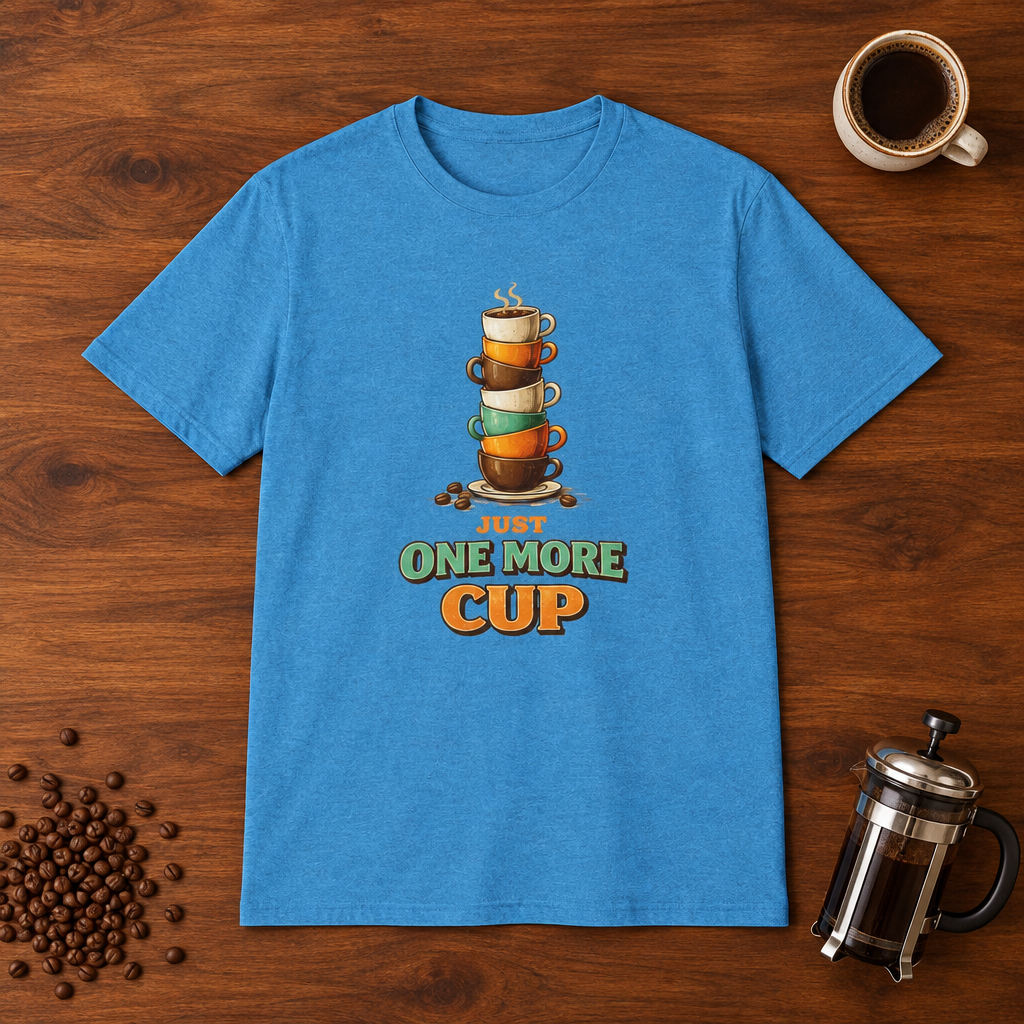 Just One More Cup T-Shirt Heather Sapphire coffee-bar flat lay