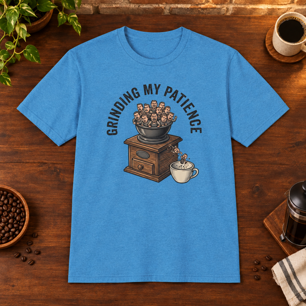 Grinding My Patience T-Shirt Heather Sapphire coffee-bar flat lay, consistent framing