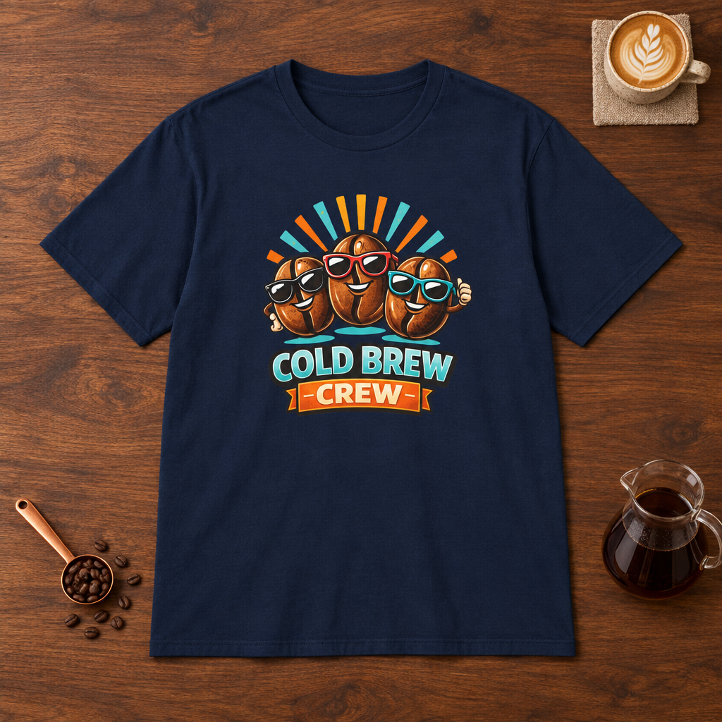 Cold Brew Crew T-Shirt Navy flat lay on walnut coffee bar