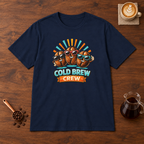 Cold Brew Crew T-Shirt Navy flat lay on walnut coffee bar