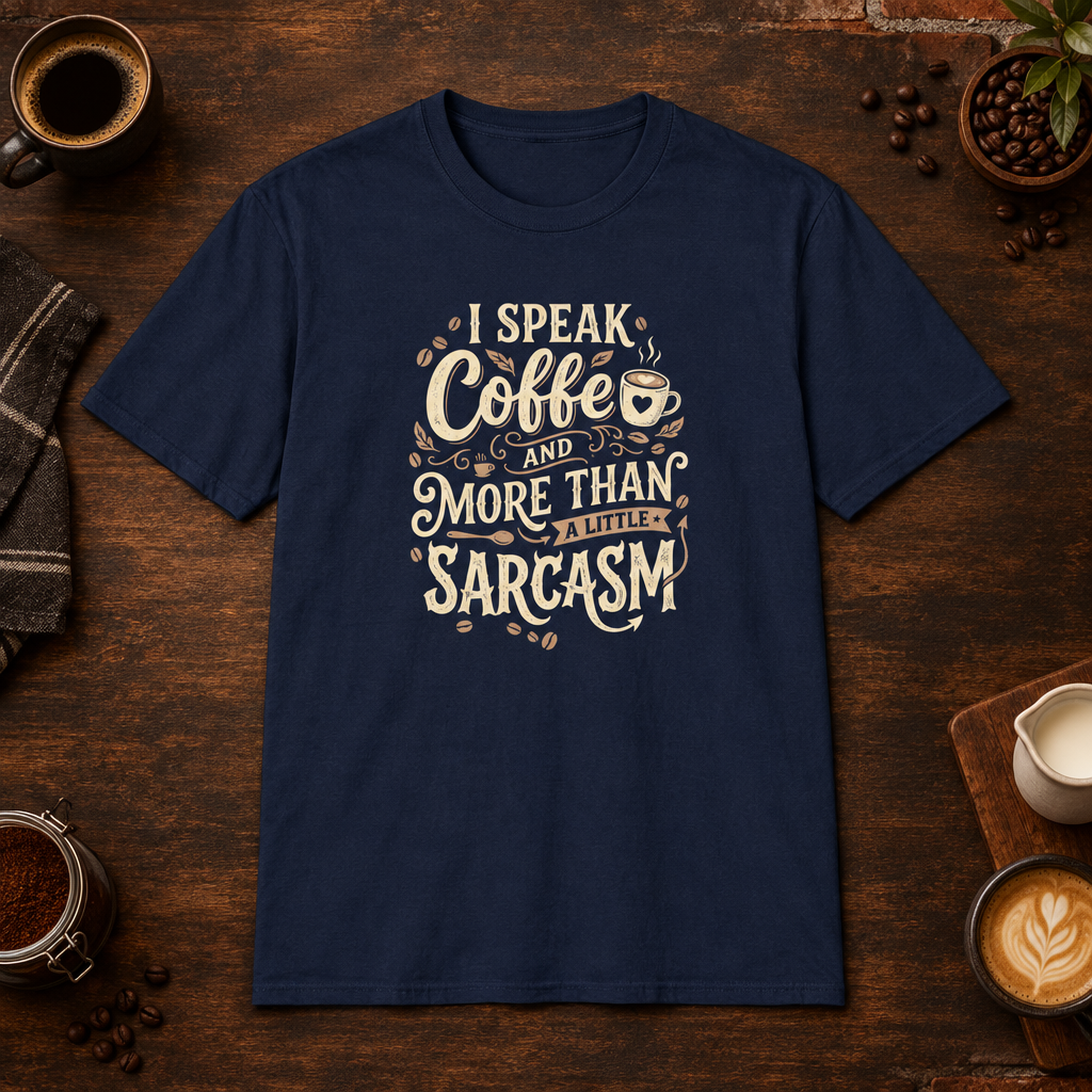 I Speak Coffee T-Shirt in Navy, coffee bar flat lay mockup
