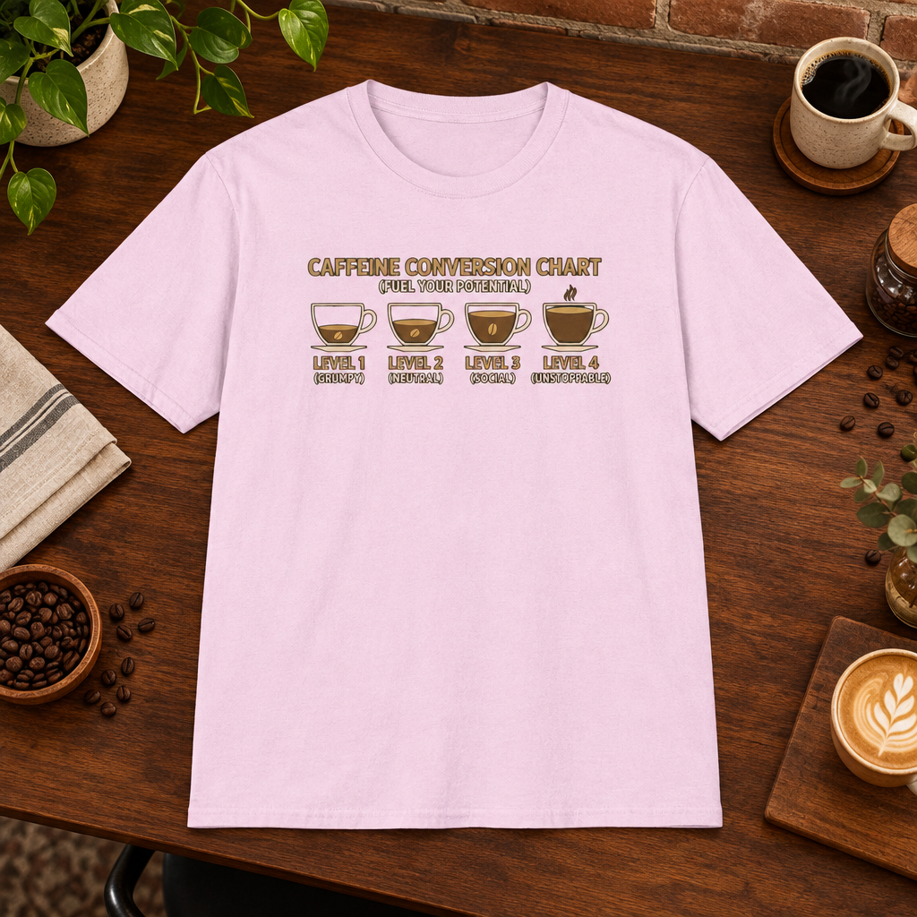 Caffeine Conversion T-Shirt Light Pink close-fill short-sleeve coffee-bar flat lay